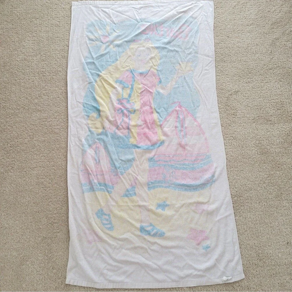 Vintage Y2K Mattel Barbie Beach Bath Towel Summer 2000 Boat Fish 90s Retro 28x52